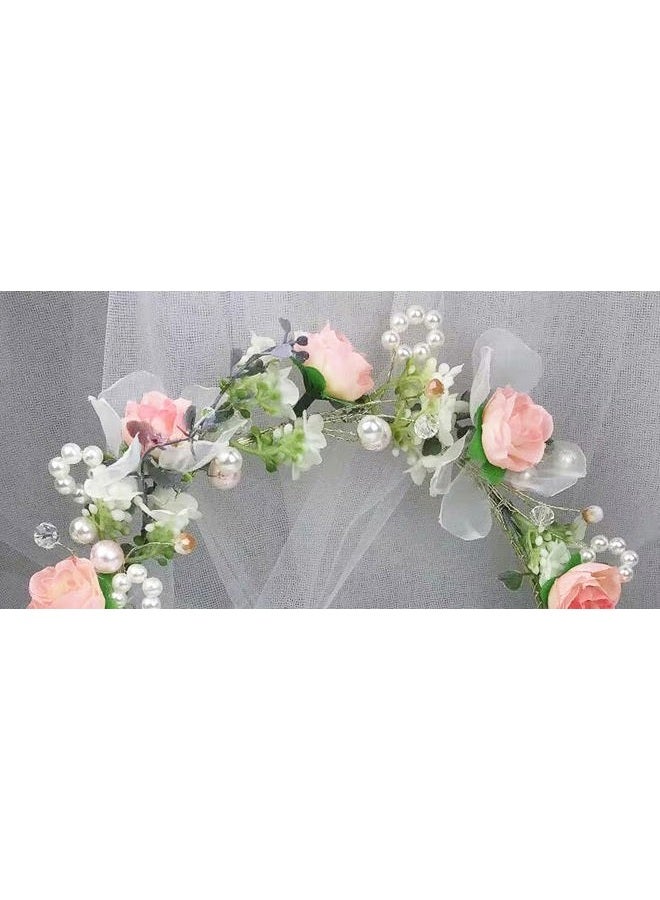 Vivivalue Floral Halo Boho Flower Headband Floral Crown Headpiece Hair Wreath with Ribbon Wedding Party Prom Photos Festival Pink by - Image 5